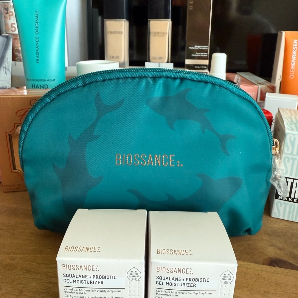 Biossance Blue Skincare Moisturizer with cosmetic bag